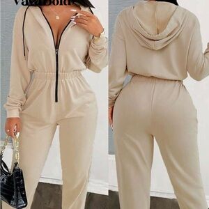 Beige Hooded Jumpsuit with Zipper